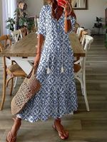 Women's A-line Skirt Simple Style V Neck Printing Tassel 3/4 Length Sleeve Plaid Maxi Long Dress Daily main image 1
