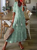 Women's A-line Skirt Simple Style V Neck Printing Tassel 3/4 Length Sleeve Plaid Maxi Long Dress Daily main image 3