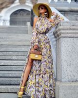 Women's A-line Skirt Elegant Halter Neck Printing Long Sleeve Flower Maxi Long Dress Daily main image 2