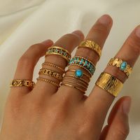 Stainless Steel 18K Gold Plated Ethnic Style Streetwear Plating Geometric Natural Stone Open Ring main image 1