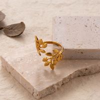 Ins Style Simple Style Leaf Solid Color Stainless Steel Plating Hollow Out 18k Gold Plated Open Ring main image 7