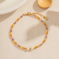 Wholesale Jewelry Modern Style Colorful Stainless Steel Freshwater Pearl Glass 18k Gold Plated Anklet main image 2