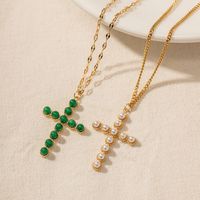 Modern Style Cross Stainless Steel Plating Inlay Pearl Stone 18k Gold Plated Pendant Necklace main image 3