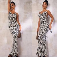 Damen Strap Kleid Elegantes V-ausschnitt Rücken Los Ärmel Los Zebra Streifen Maxi Langes Kleid Party Date main image 1