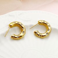 1 Pair Modern Style C Shape Polishing Plating Inlay 304 Stainless Steel Zircon 14K Gold Plated Ear Studs main image 1