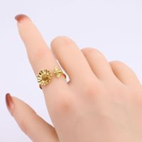 Wholesale Pastoral Artistic Sunflower Bee Sterling Silver White Gold Plated Gold Plated Zircon Open Ring main image 5