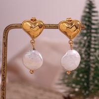 1 Pair French Style Heart Shape Plating Stainless Steel Freshwater Pearl 18k Gold Plated Drop Earrings main image 3