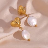1 Pair French Style Heart Shape Plating Stainless Steel Freshwater Pearl 18k Gold Plated Drop Earrings main image 1