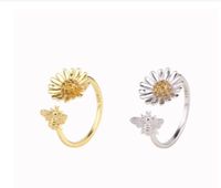 Wholesale Pastoral Artistic Sunflower Bee Sterling Silver White Gold Plated Gold Plated Zircon Open Ring main image 1