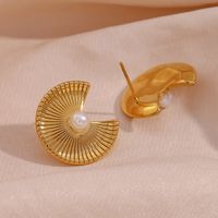 1 Pair French Style Sector Stainless Steel Plating Inlay Pearl 18k Gold Plated Ear Studs main image 6