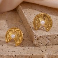 1 Pair French Style Sector Stainless Steel Plating Inlay Pearl 18k Gold Plated Ear Studs main image 3