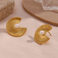 1 Pair French Style Sector Stainless Steel Plating Inlay Pearl 18k Gold Plated Ear Studs main image 4