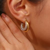 1 Pair French Style Round Stainless Steel Plating Inlay Zircon 18k Gold Plated Hoop Earrings main image 2