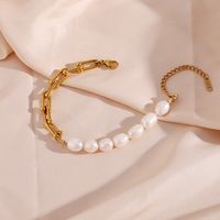 Vintage Style French Style Geometric Stainless Steel Freshwater Pearl Patchwork Plating 18k Gold Plated Bracelets Necklace main image 5