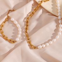 Vintage Style French Style Geometric Stainless Steel Freshwater Pearl Patchwork Plating 18k Gold Plated Bracelets Necklace main image 1