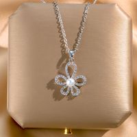 Ig Style Sweet Four Leaf Clover Butterfly Shell Titanium Steel Plating Inlay Opal Shell Zircon Pendant Necklace sku image 61
