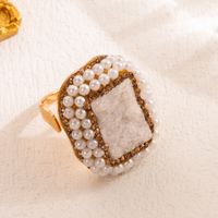 Elegant Luxurious Irregular Oval Rectangle Copper Irregular Natural Stone Shell Pearls 18k Gold Plated Open Ring sku image 1