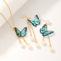 201 Edelstahl Imitationsperle 18 Karat Vergoldet Elegant Vintage-Stil Überzug Schmetterling Ohrringe Halskette main image 3