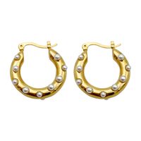 1 Pair Elegant U Shape Polishing Plating Inlay 304 Stainless Steel Pearl 14K Gold Plated Hoop Earrings main image 2