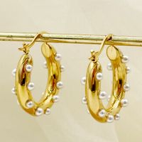 1 Pair Elegant U Shape Polishing Plating Inlay 304 Stainless Steel Pearl 14K Gold Plated Hoop Earrings main image 5
