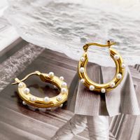 1 Pair Elegant U Shape Polishing Plating Inlay 304 Stainless Steel Pearl 14K Gold Plated Hoop Earrings main image 1