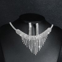 Fashion Water Droplets Tassel Artificial Crystal Metal Inlay Rhinestones Earrings Necklace 1 Set sku image 15