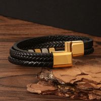 Ethnic Style Round Stainless Steel Pu Leather Polishing Braid 14K Gold Plated Men'S Bangle main image 4