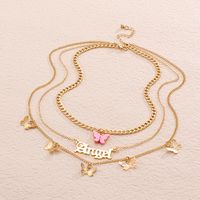Wholesale Jewelry Casual Sweet Letter Butterfly Alloy 14k Gold Plated Layered Necklaces main image 3