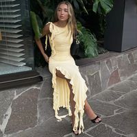 Women's A-line Skirt Sexy Round Neck Ruffles Hollow Out Sleeveless Solid Color Midi Dress Daily main image 4