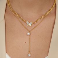 201 Stainless Steel 18K Gold Plated Romantic Sweet Plating Inlay Butterfly Artificial Pearls Shell Zircon Layered Necklaces main image 8