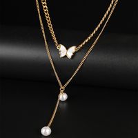201 Stainless Steel 18K Gold Plated Romantic Sweet Plating Inlay Butterfly Artificial Pearls Shell Zircon Layered Necklaces main image 2