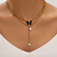 201 Stainless Steel 18K Gold Plated Romantic Sweet Plating Inlay Butterfly Artificial Pearls Shell Zircon Layered Necklaces main image 6