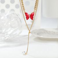 201 Stainless Steel 18K Gold Plated Romantic Sweet Plating Inlay Butterfly Artificial Pearls Shell Zircon Layered Necklaces main image 5