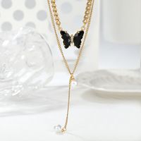 201 Stainless Steel 18K Gold Plated Romantic Sweet Plating Inlay Butterfly Artificial Pearls Shell Zircon Layered Necklaces main image 4
