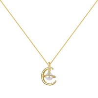 Elegant Moon Planet Sterling Silver Inlay Freshwater Pearl Zircon Pendant Necklace sku image 2