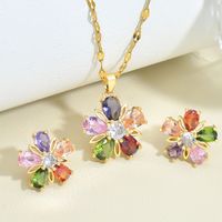 Titanium Steel Fairy Style Inlay Leaf Flower Zircon Necklace Earrings Jewelry Set sku image 4
