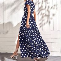 Damen A-linie Rock Eleganter Klassischer Stil V-ausschnitt Kurze Ärmel Polka Dots Maxi Langes Kleid Urlaub main image 2
