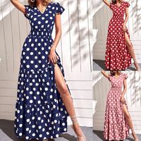 Damen A-linie Rock Eleganter Klassischer Stil V-ausschnitt Kurze Ärmel Polka Dots Maxi Langes Kleid Urlaub main image 1