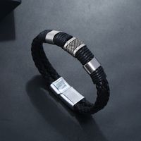 Punk Simple Style Solid Color Stainless Steel Pu Leather Plating Magnetic Silver Plated Men's Wristband main image 4