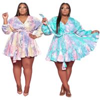 Swing Dress Sexy V Neck Straps Long Sleeve Tie Dye Above Knee Daily main image 1