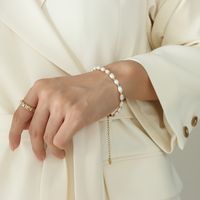 Elegant Geometric Stainless Steel Freshwater Pearl Beaded 18k Gold Plated Women's Bracelets Necklace sku image 1