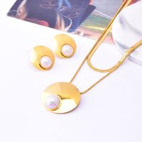 Lady Round Titanium Steel Inlay Freshwater Pearl Women's Earrings Necklace main image 1