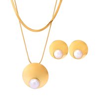 Lady Round Titanium Steel Inlay Freshwater Pearl Women's Earrings Necklace main image 4