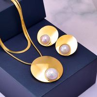 Lady Round Titanium Steel Inlay Freshwater Pearl Women's Earrings Necklace main image 2