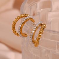 1 Pair Modern Style C Shape Plating Inlay Stainless Steel Artificial Pearls 18k Gold Plated Ear Studs main image 3
