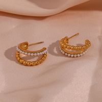 1 Pair Modern Style C Shape Plating Inlay Stainless Steel Artificial Pearls 18k Gold Plated Ear Studs main image 1