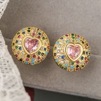 1 Pair Retro Commute Heart Shape Flower Copper Plating Inlay Zircon 18k Gold Plated Ear Studs main image 3