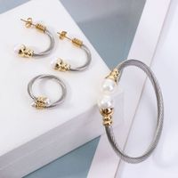 Wholesale Casual Simple Style Spiral Stripe Stainless Steel Copper Braid Inlay Pearl Rings Bracelets Earrings main image 1