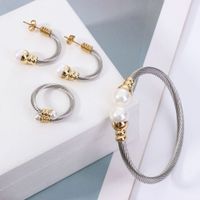 Wholesale Casual Simple Style Spiral Stripe Stainless Steel Copper Braid Inlay Pearl Rings Bracelets Earrings main image 2