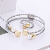 Casual Simple Style Round Stainless Steel Copper Inlay Pearl Women's Rings Bracelets main image 3